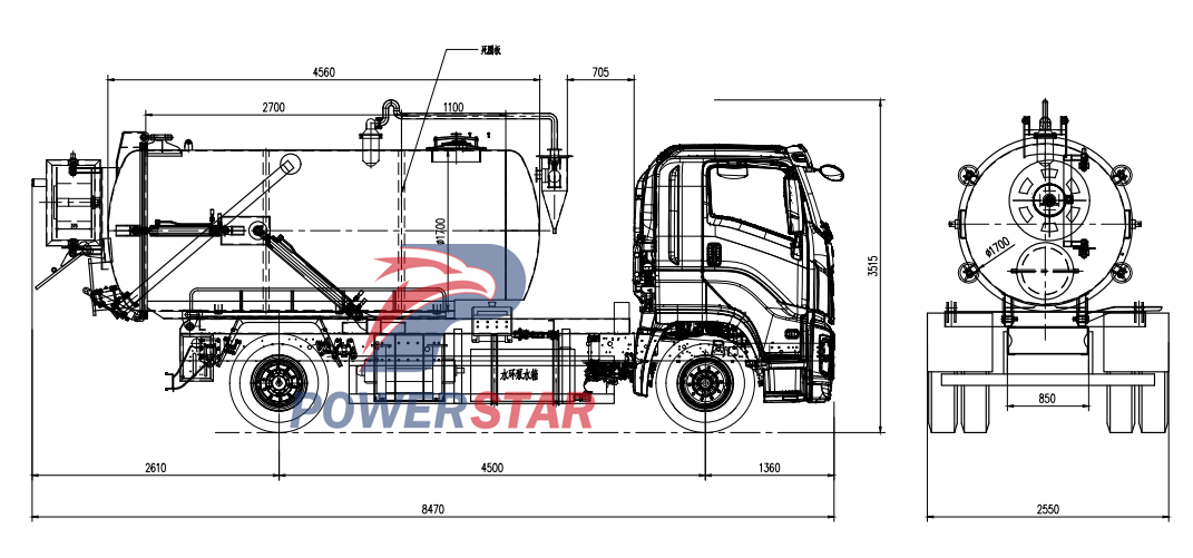 Technical drawing of Isuzu GIGA truck sewer jetters