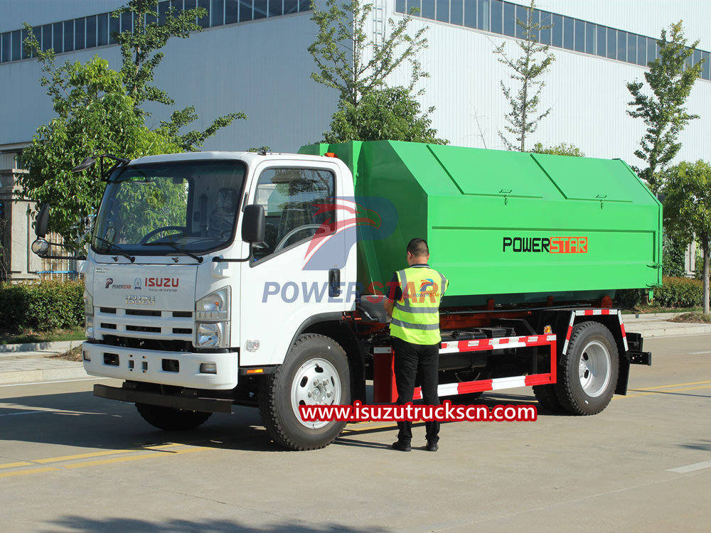 
     Funktionsprinzip des Isuzu-Müllwagens mit Hakenarm
    